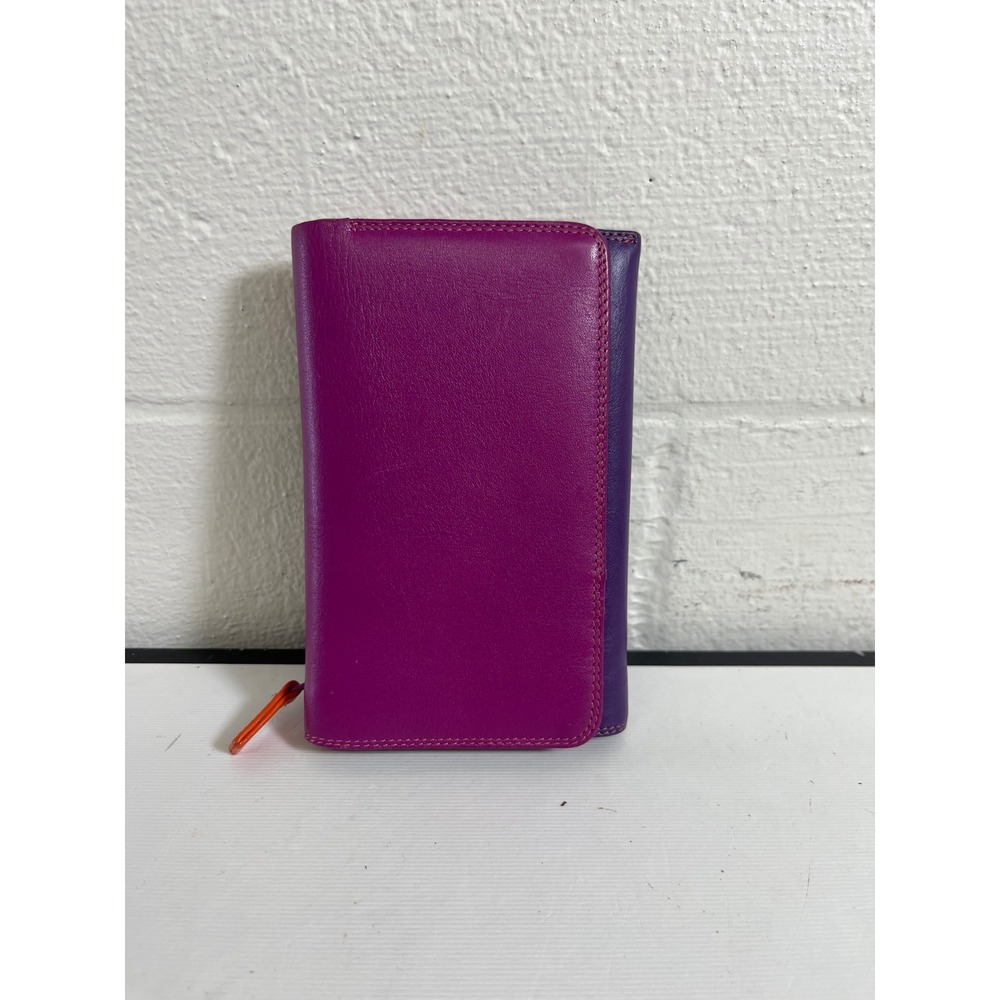 Mywalit Medium Trifold Leather Wallet Multi ID Holder Purple Pink Orange Womens